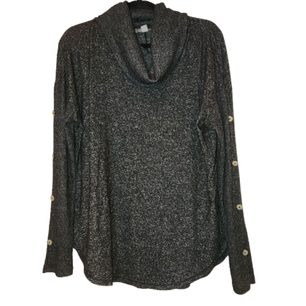 Peace & Pearls Black Cowl Neck Tunic Sweater Size L Long Sleeves Button Detail